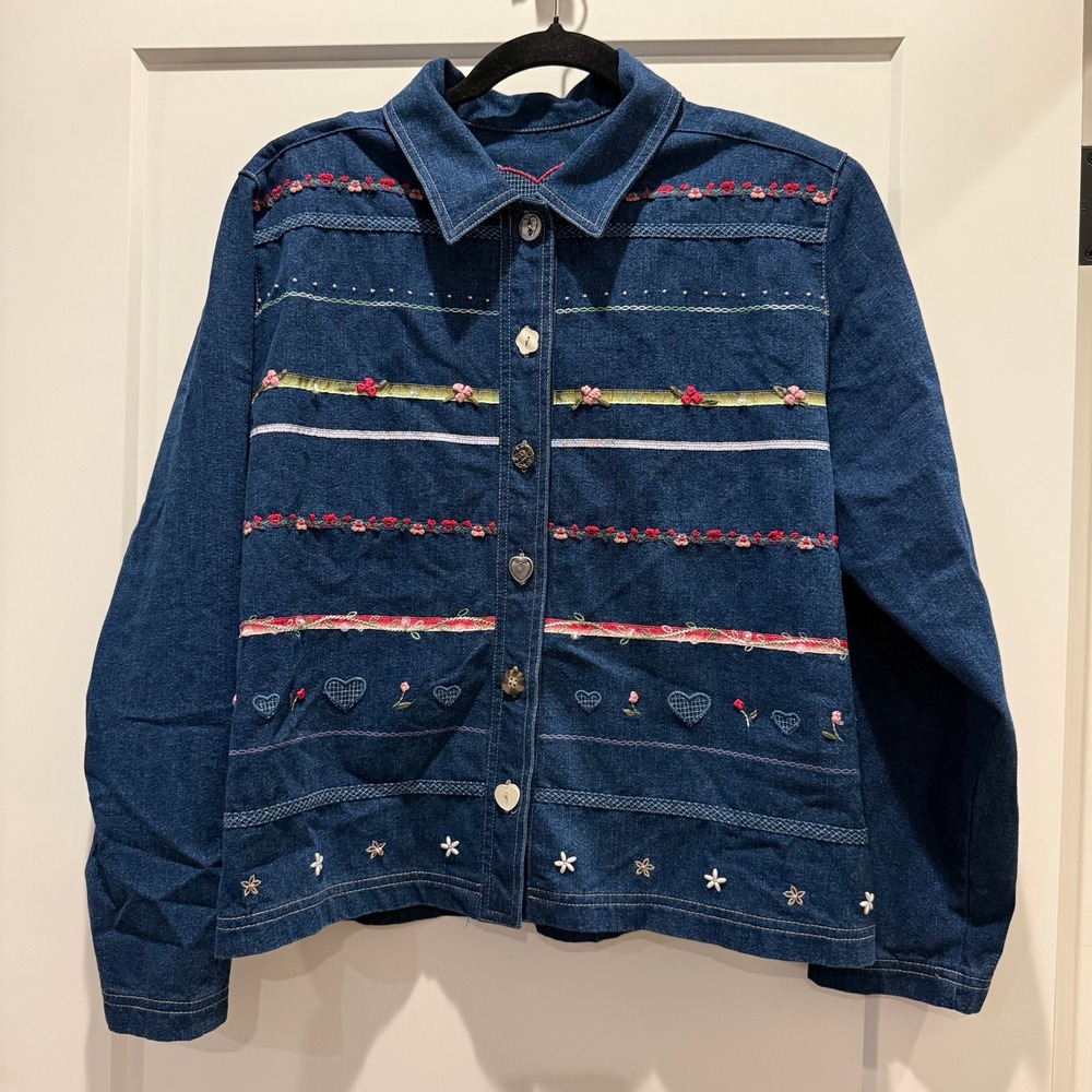 Vintage Romantic Koret City Blues Denim Jacket M Floral Hearts Embroidered